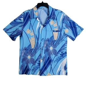 Vtg 80s Royal Palm Hawaiian Shirt Mens L Blue Beige Floral Button Jetted Pocket